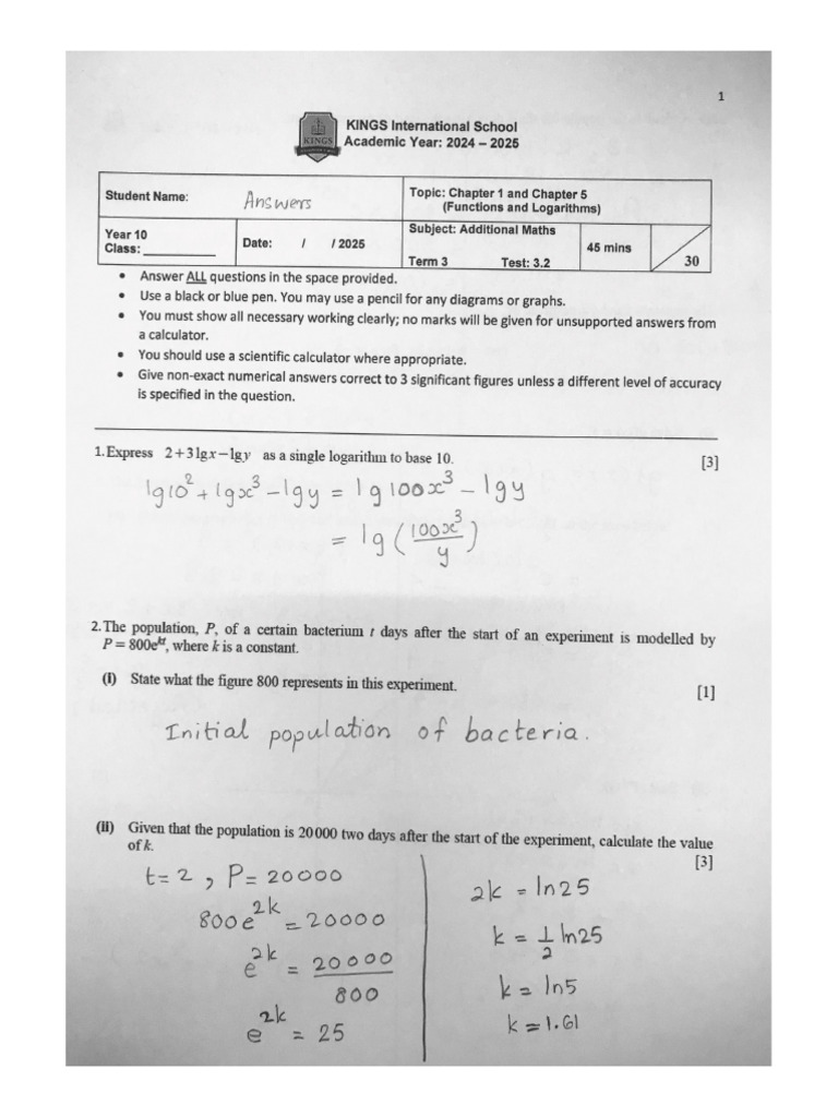 Y10 Additional Maths Test3.2 Answers | PDF