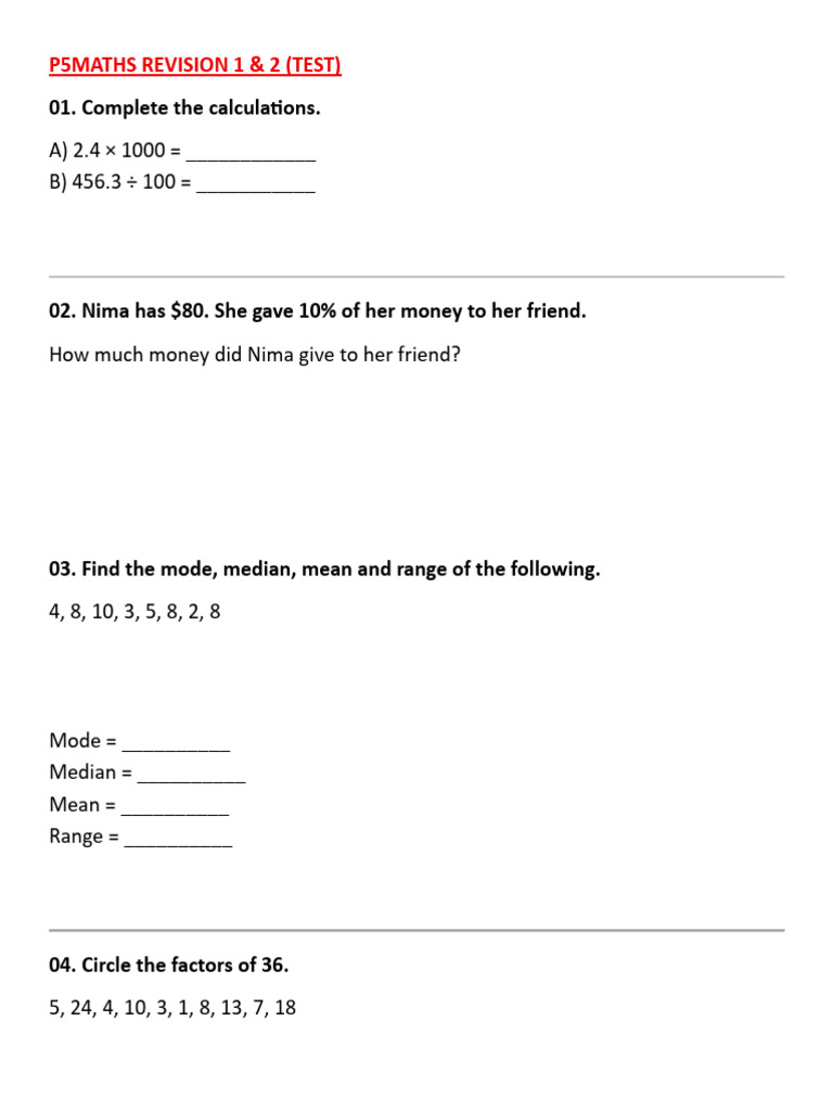 P5 Maths Revision Test Questions | PDF | Rectangle | Geometry