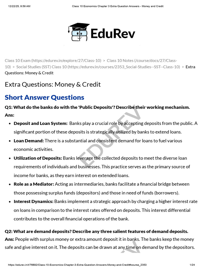 Class 10 Money & Credit Extra Questions | PDF | Loans | Interest