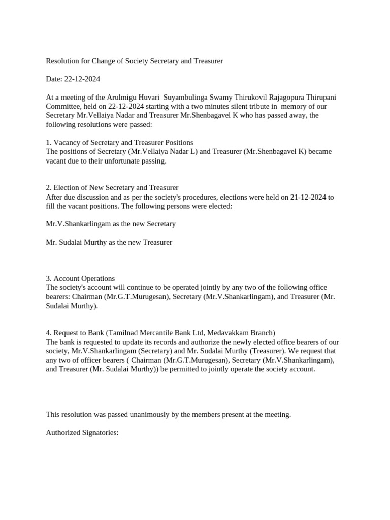 New Secretary and Treasurer Election Resolution | PDF