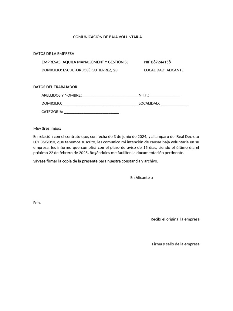 PLANTILLA COMUNICACIÓN DE BAJA VOLUNTARIA | PDF
