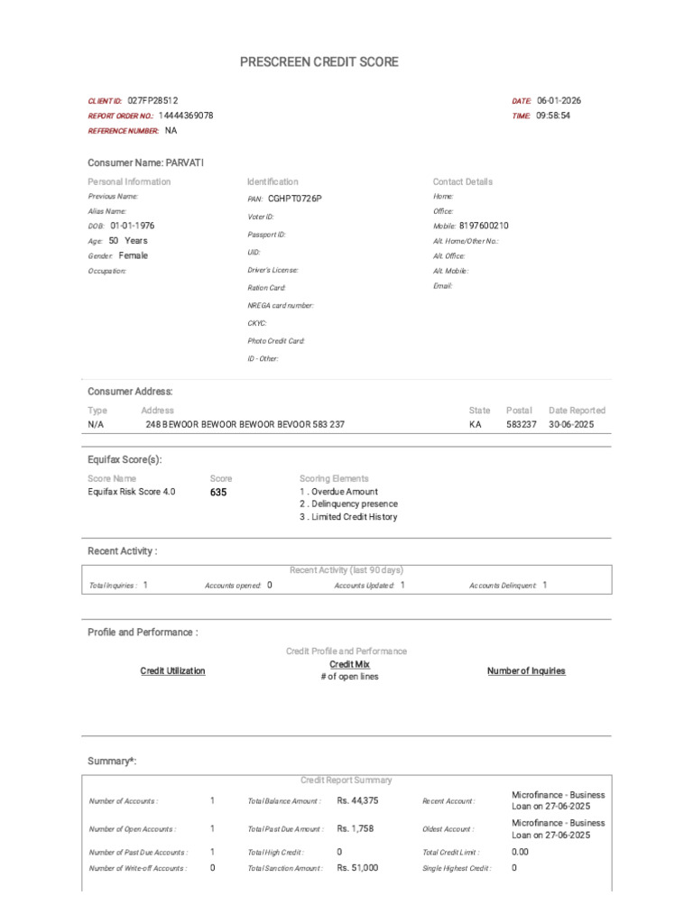 Prescreen Credit Score Report for Parvati | PDF | Credit History | Credit