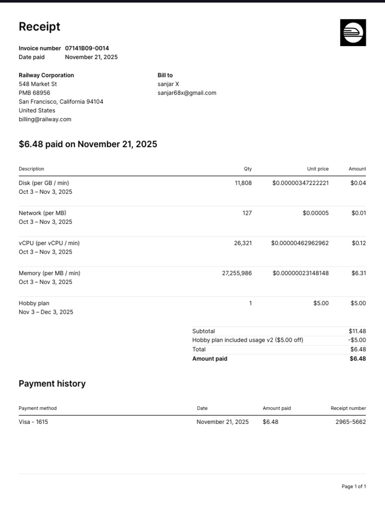 Railway Invoice Receipt - $6.48 Payment | PDF