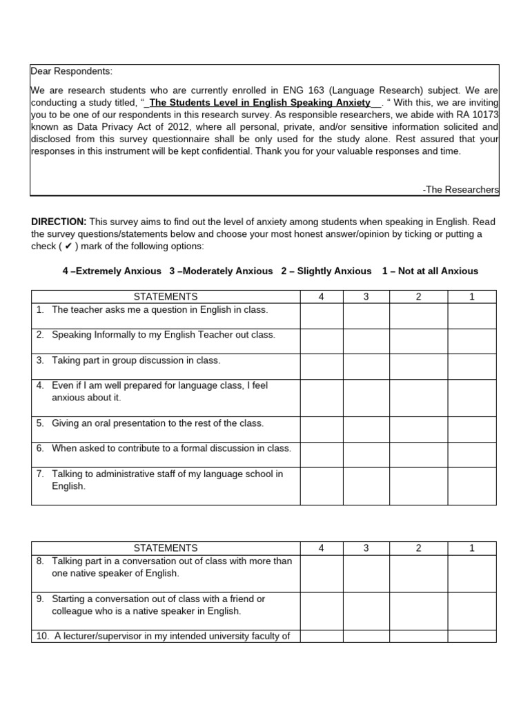 English Speaking Anxiety Survey | PDF