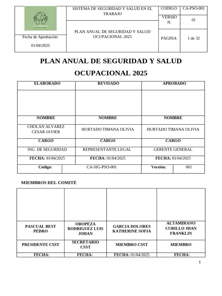 Plan Anual de Seguridad 2025 | PDF | Seguridad y salud ocupacional ...