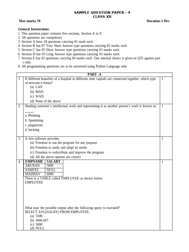 Class XII Sample Question Paper - 70 Marks | PDF | Computing | Computer ...
