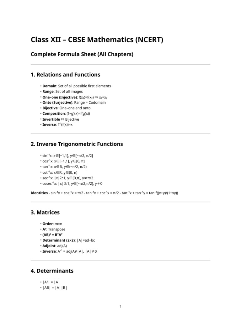 CBSE Class 12 Math Formula Sheet | PDF | Function (Mathematics ...