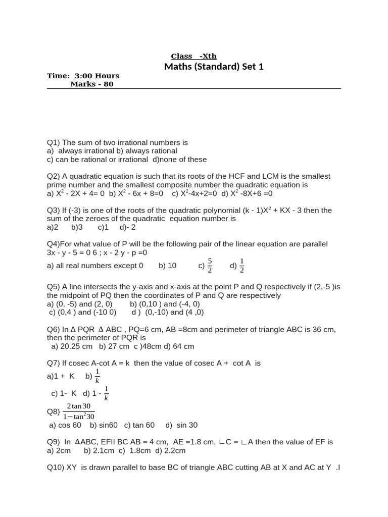 Class 10 Maths Exam Paper Set 1 | PDF | Elementary Mathematics ...