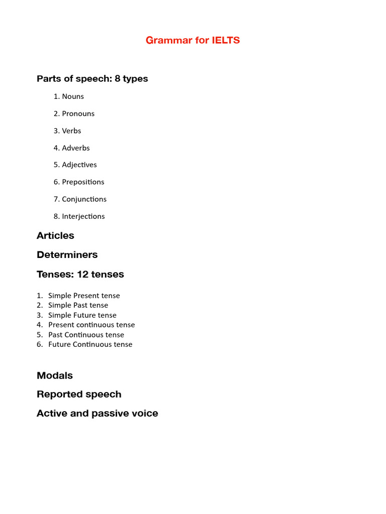 IELTS Grammar: Parts of Speech & Tenses | PDF | Verb | Subject (Grammar)