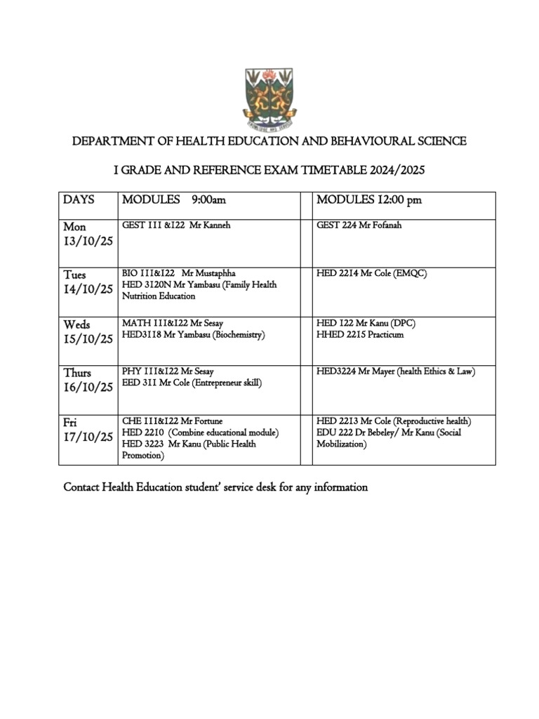 2024/2025 Health Education Exam Timetable | PDF