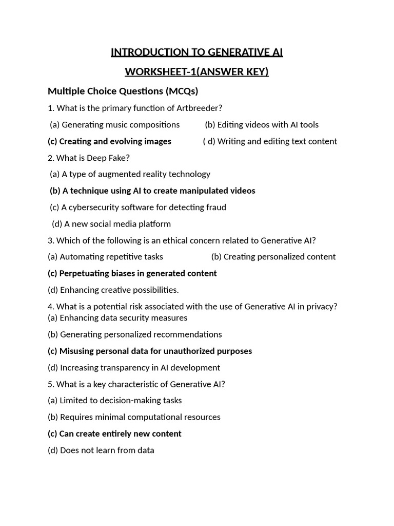 Generative AI MCQ Answer Key Guide | PDF | Artificial Intelligence ...