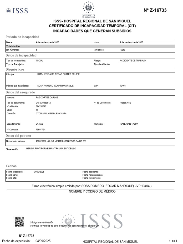 Certificado de Incapacidad Temporal ISSS | PDF | Autenticación ...
