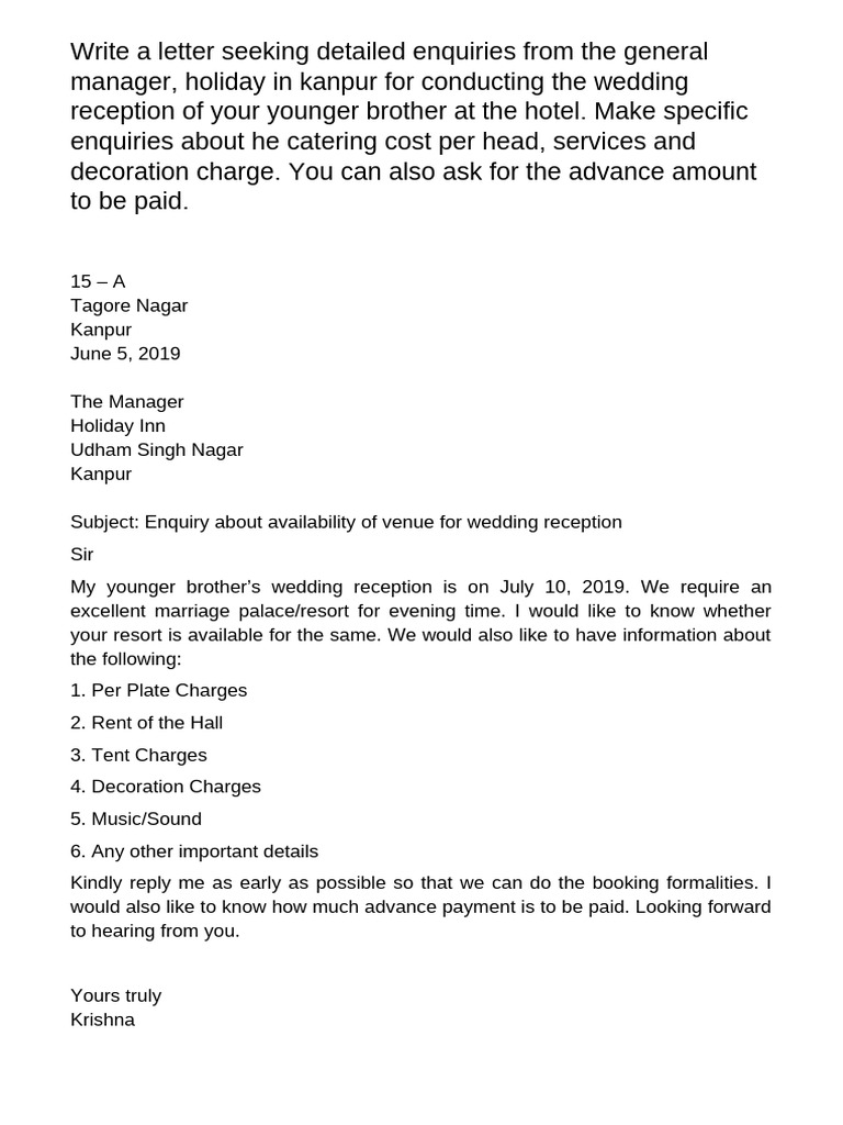 Wedding Reception Venue Inquiry Letter | PDF