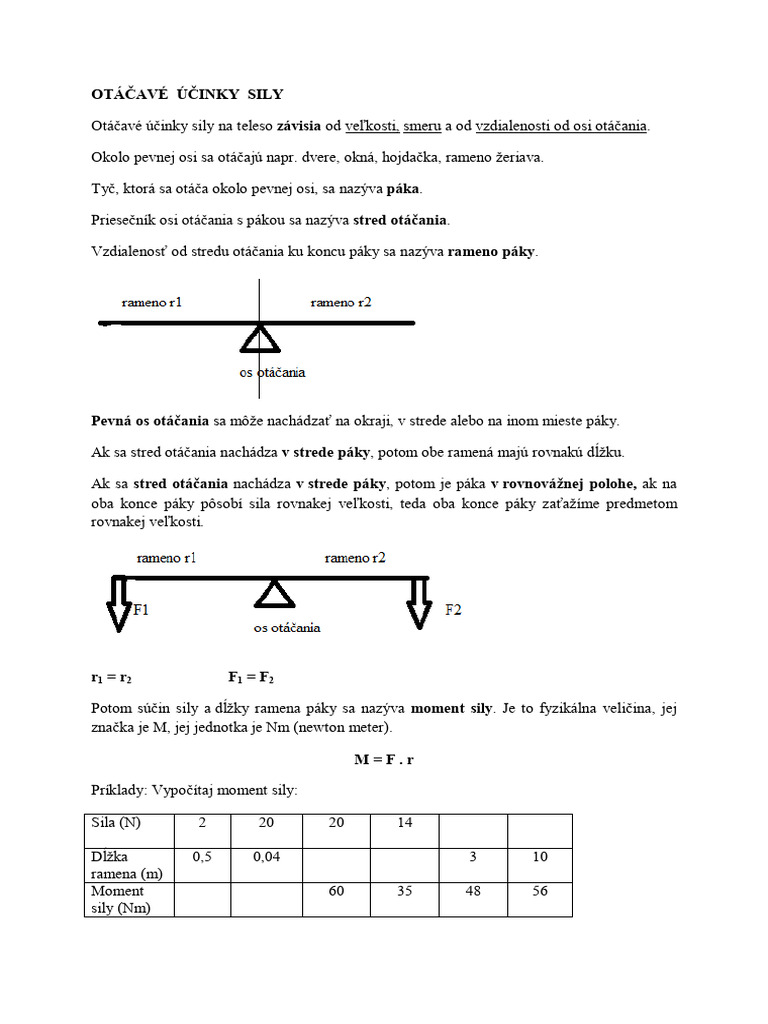 8a Fyz - Otacave Ucinky Sily, Páka + Príklady | PDF