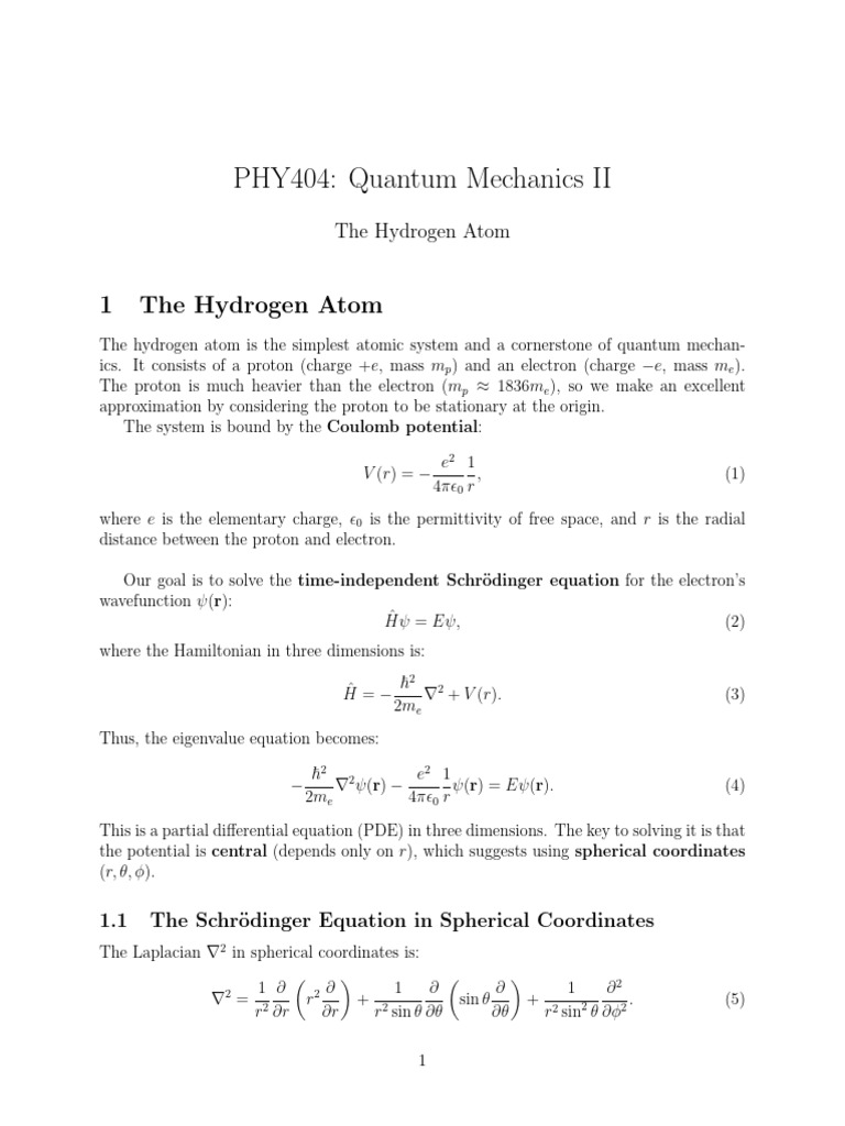 Hydrogen Atom in Quantum Mechanics | PDF | Applied Mathematics | Physics