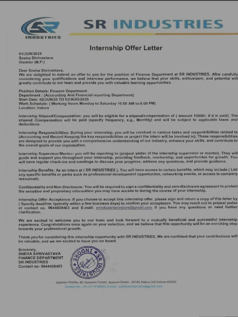 Internship Offer Letter Sneha Shrivastava | PDF