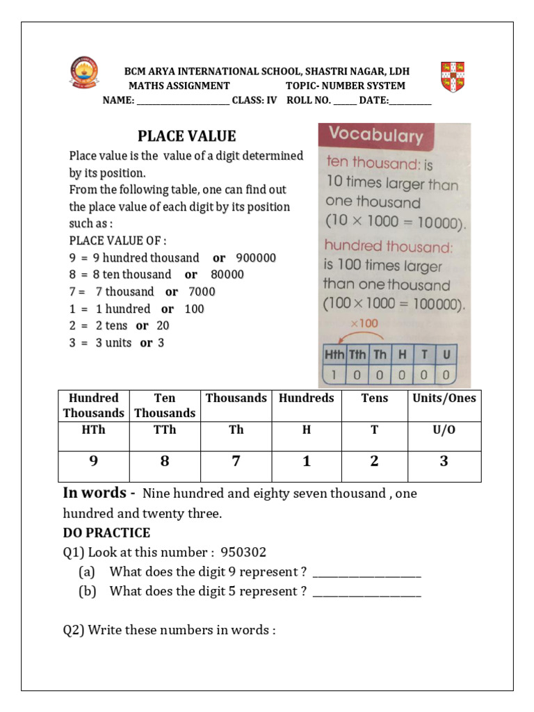 Class IV Maths Assignment on Number System | PDF