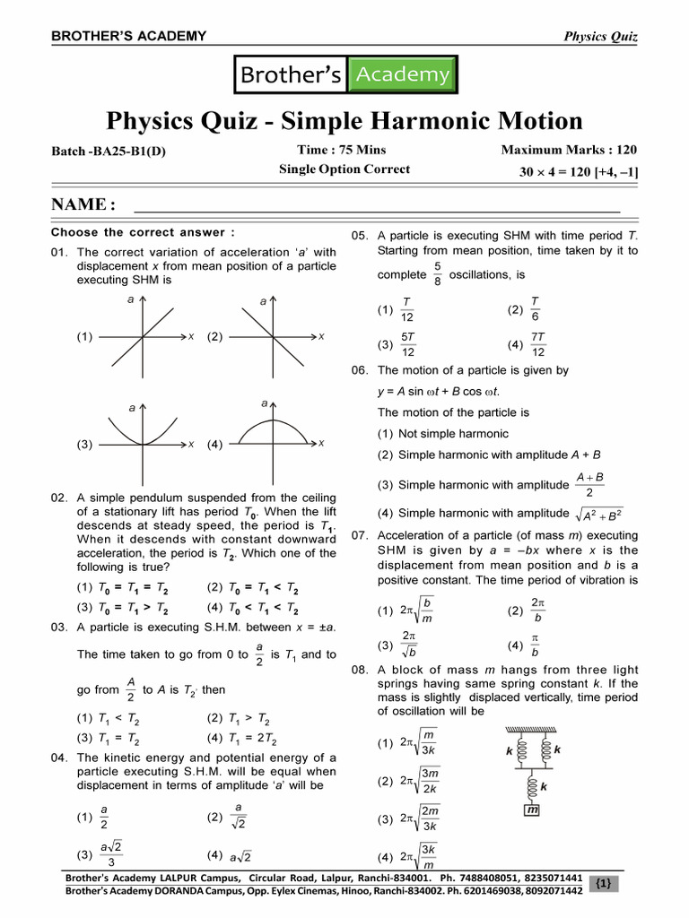Physics Quiz - Simple Harmonic Motion - B1 | PDF