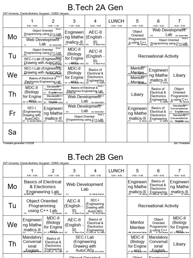 SGT University B.Tech 2nd Year Timetable | PDF | Systems Architecture ...