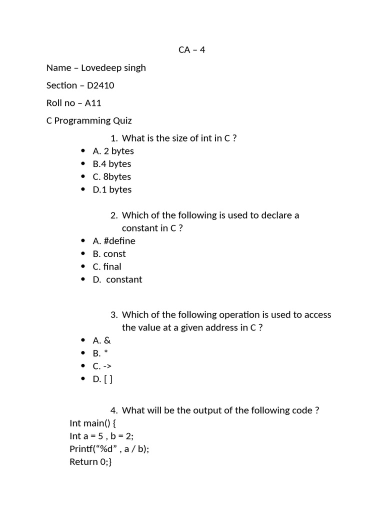 C Programming Quiz Questions and Answers | PDF