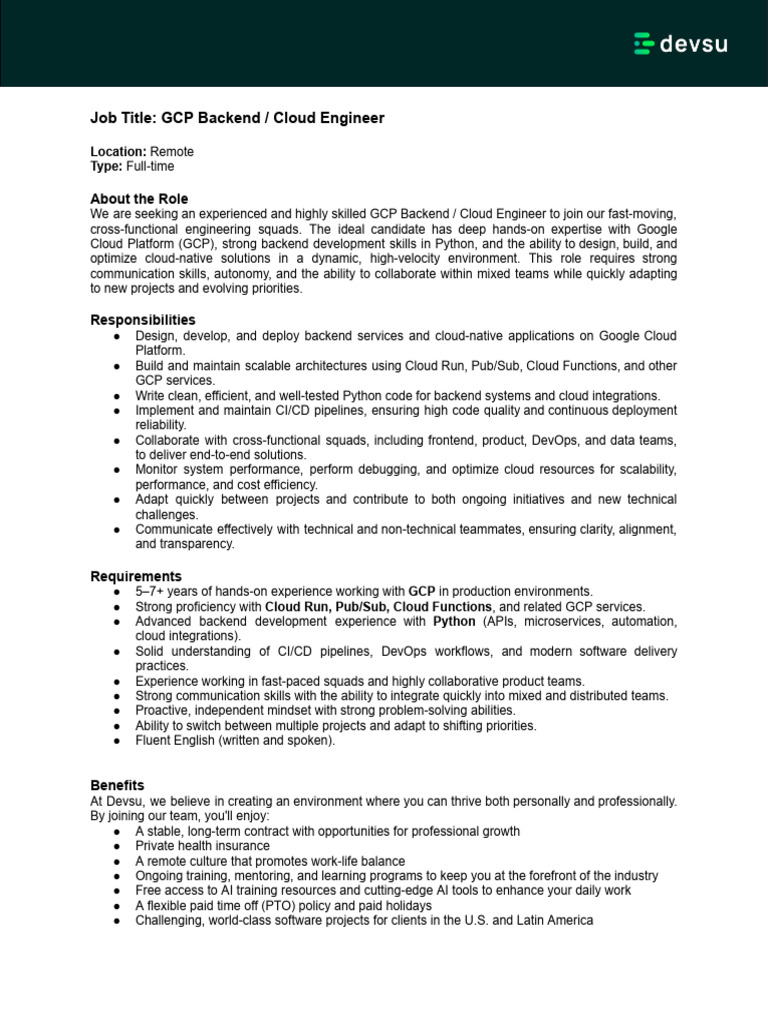 GCP Backend Cloud Engineer Job Opening | PDF | Cloud Computing | Computing