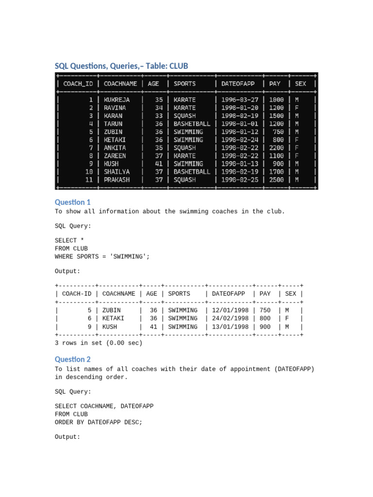 SQL Queries for CLUB Coach Management | PDF