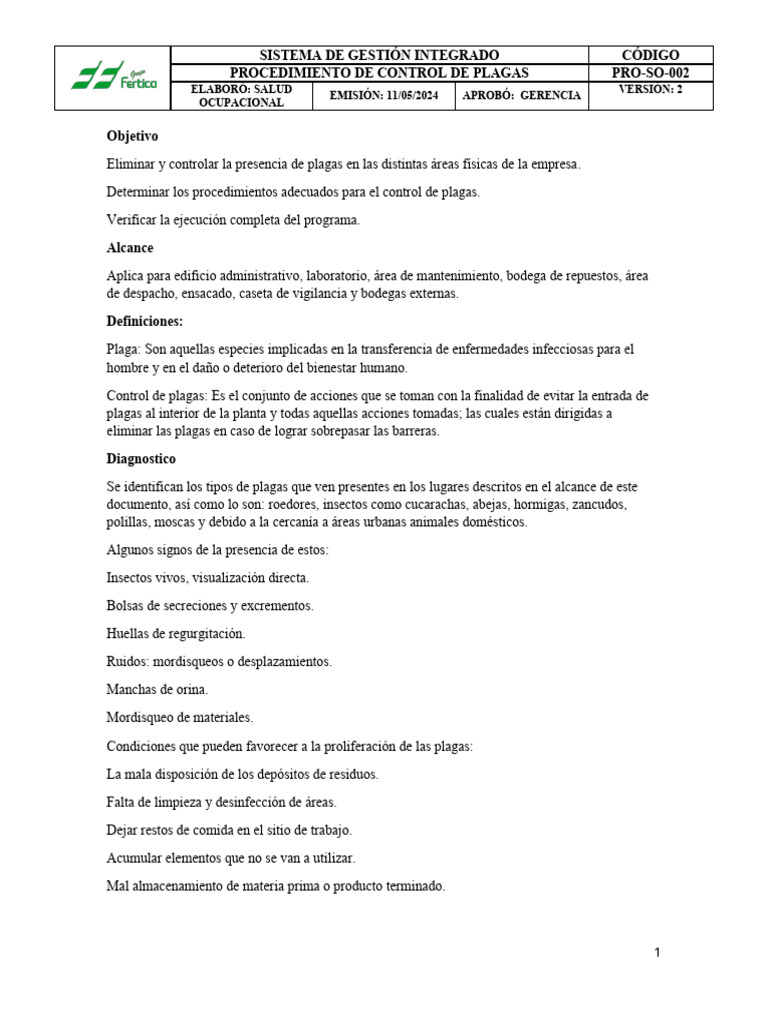 PRO-SO-002 Procedimiento de Control de Plagas | PDF | Control de plagas ...