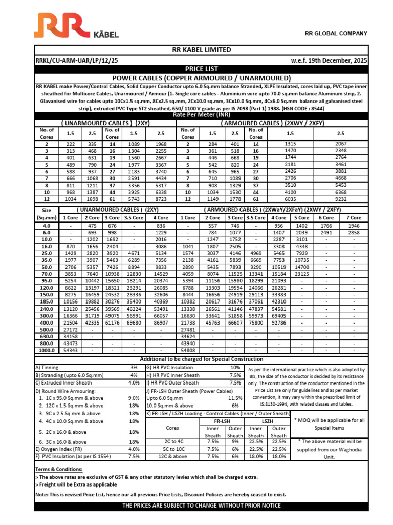 RR Kabel Power Cable Price List 2025 | PDF | Electrical Conductor | Wire