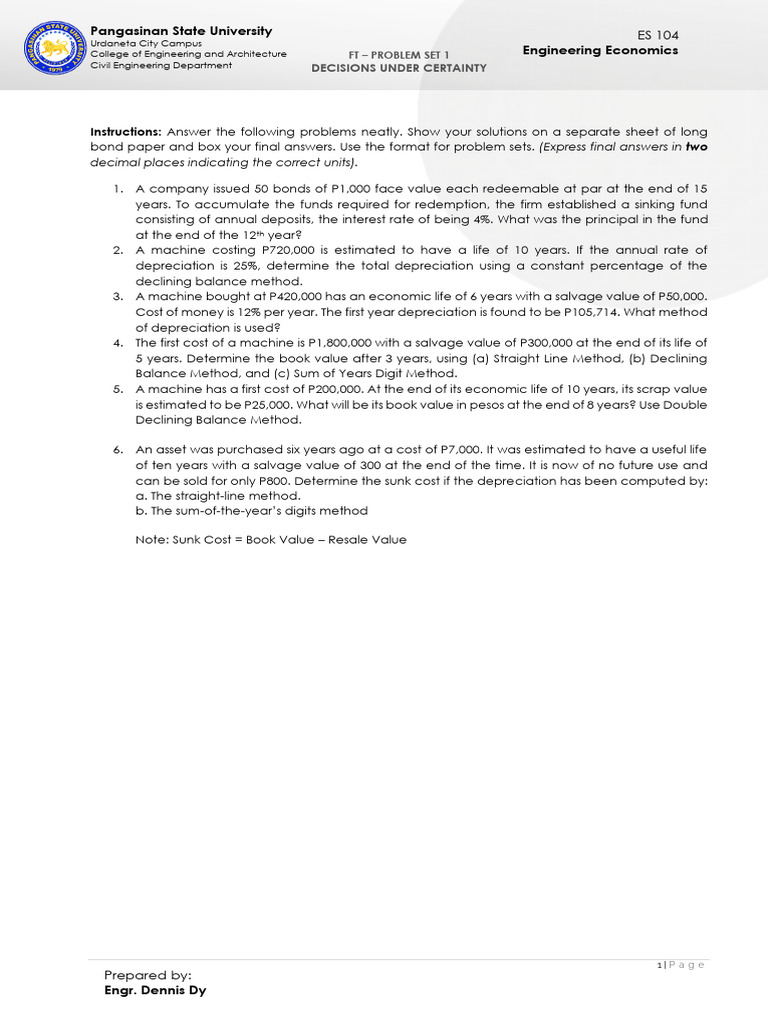 Engineering Economics Problem Set 1 | PDF