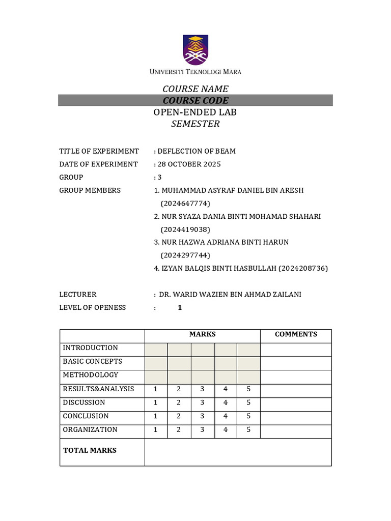 DEFLECTION OF BEAM REPORT (GROUP 3) | PDF | Beam (Structure) | Stiffness