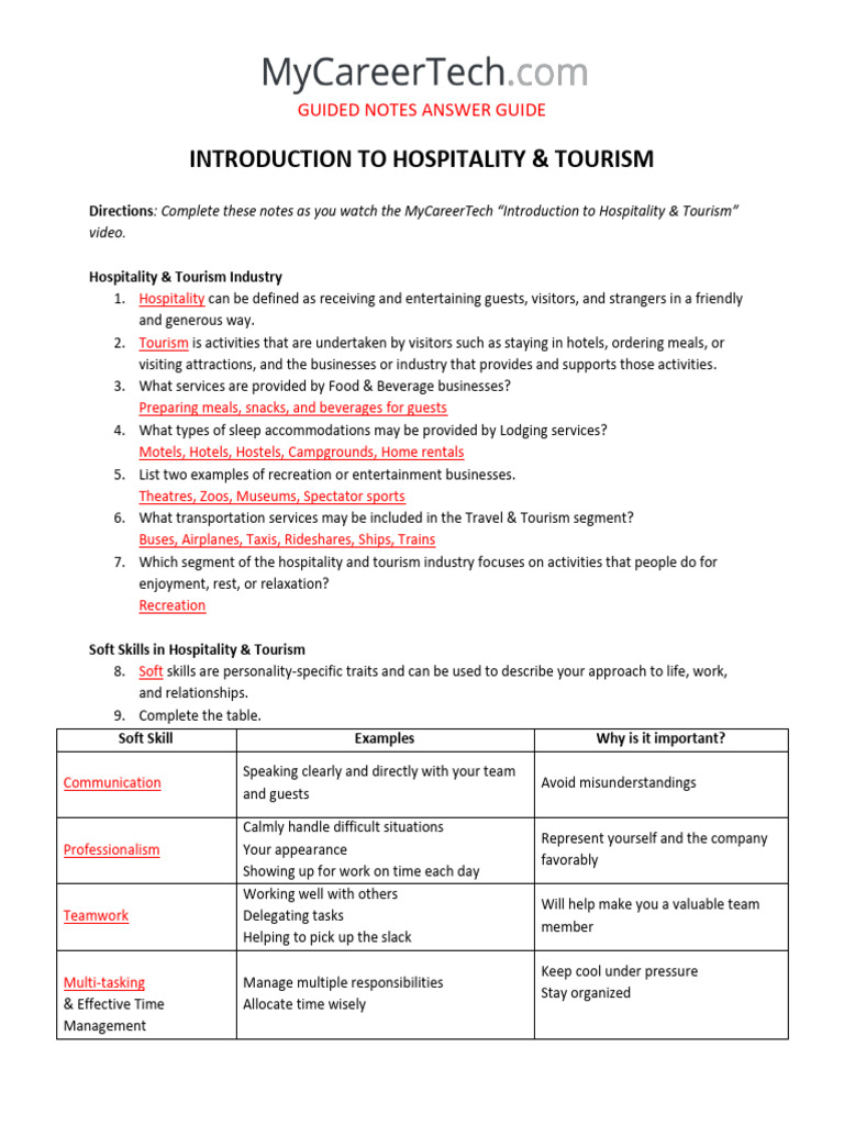 Hospitality & Tourism Guided Notes | PDF | Waiting Staff | Tourism