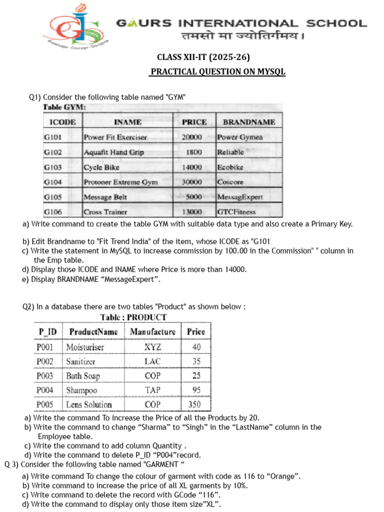 MySQL Practical Questions for Class XII | PDF