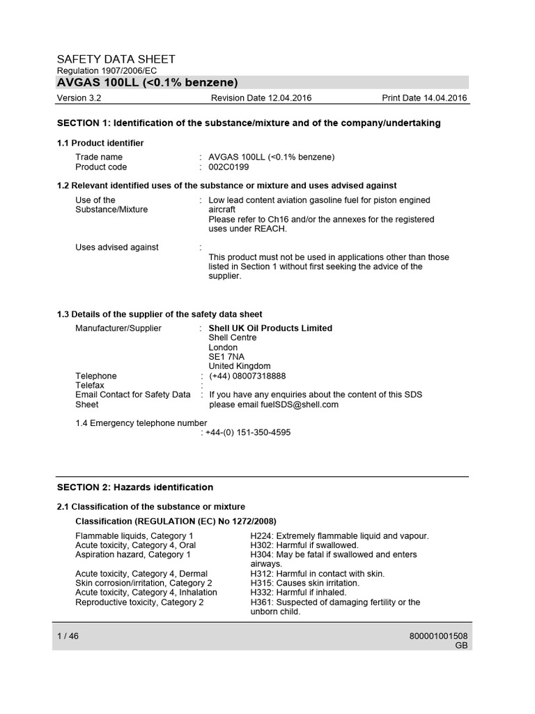 AVGAS 100LL Safety Data Sheet | PDF | Pollution | Environmental Issues