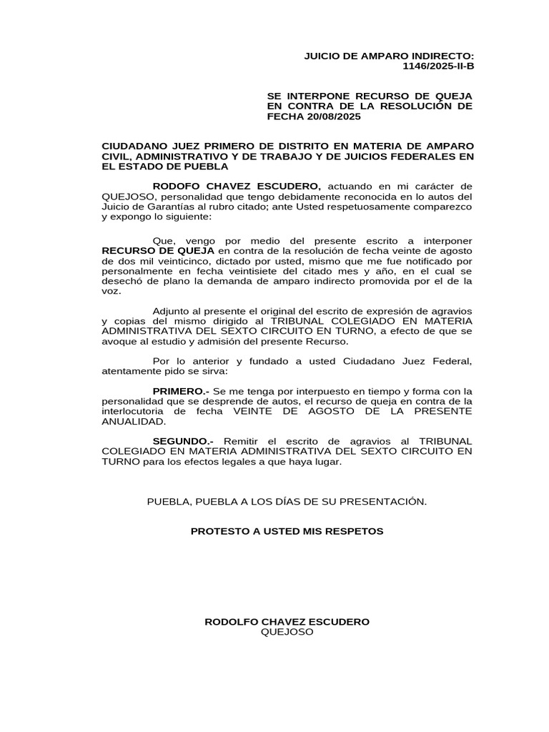 Recurso de Queja en Juicio de Amparo | PDF | Ley procesal | Sentencia (ley)