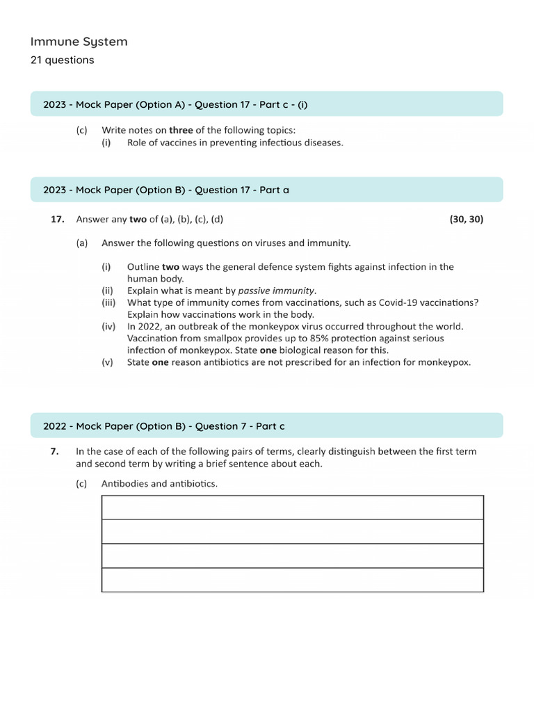 Immune System Mock Paper Questions | PDF