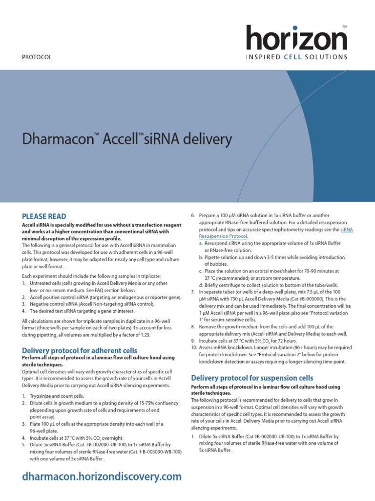 Accell siRNA Protocol for Mammalian Cells | PDF | Small Interfering Rna ...