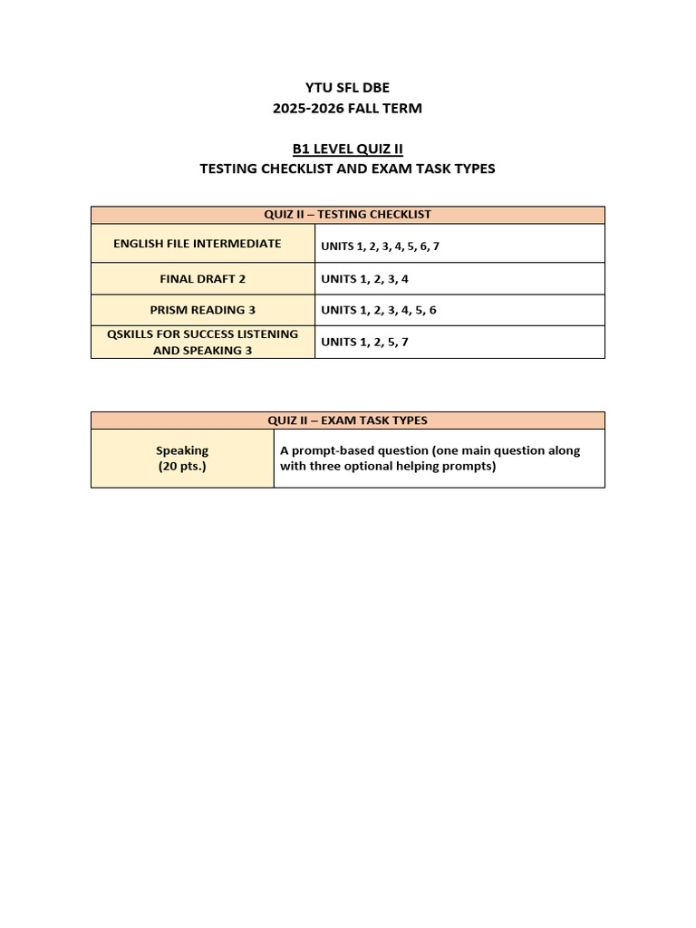 2025-2026 Fall b1 Level Quiz II Testing Checklist and Exam Task Types | PDF
