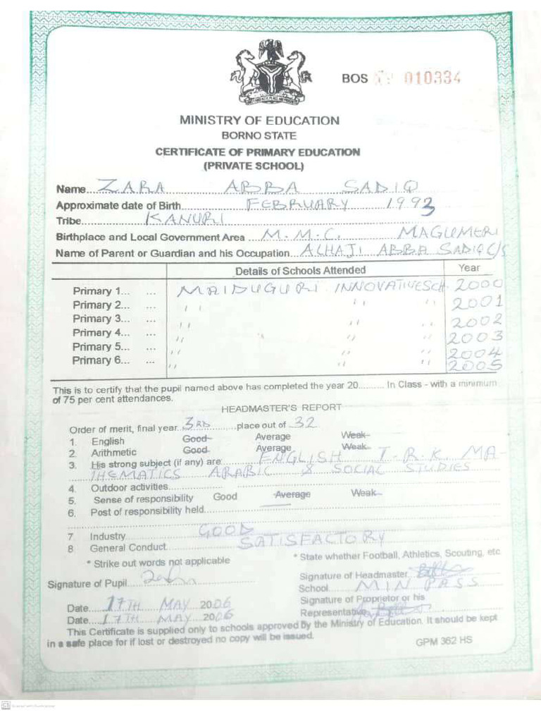 Primary Certificate Zara | PDF