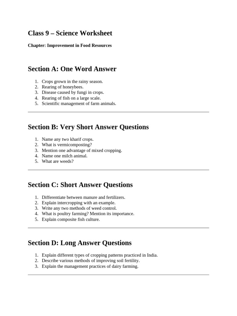 Class 9 Science: Food Resources Worksheet | PDF