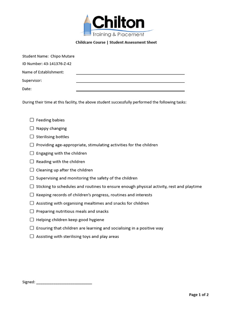 Childcare Course Student Assessment Sheet | PDF | Childhood | Human ...