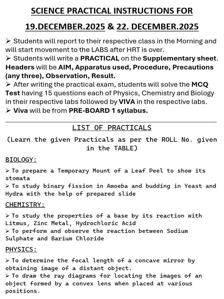 Science Practical Instructions 2025 | PDF | Chemistry | Chemical Substances