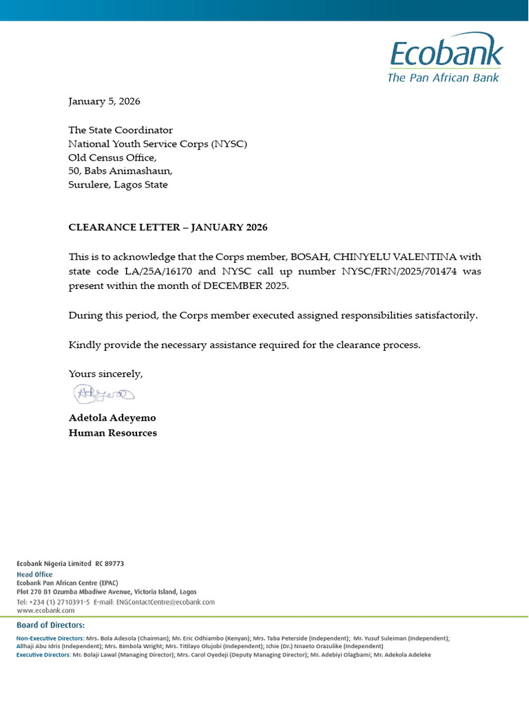 NYSC Clearance Letter for Corps Member | PDF
