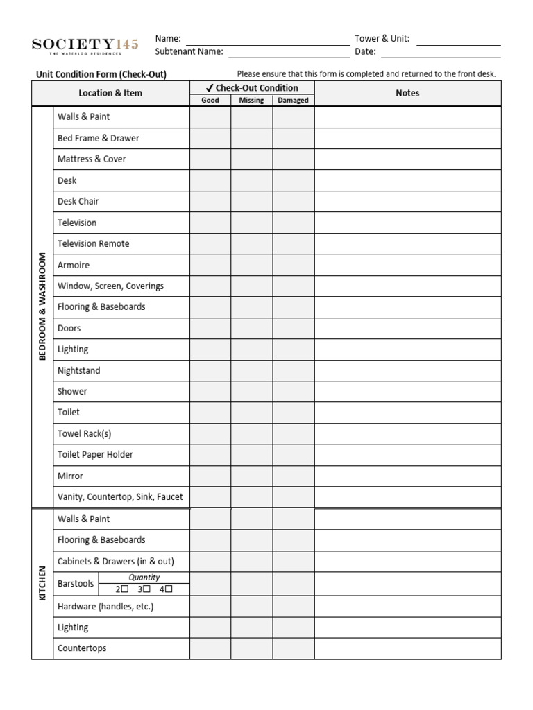 Society Unit Condition Form (Check-Out) | PDF | Home Appliance | Cabinetry