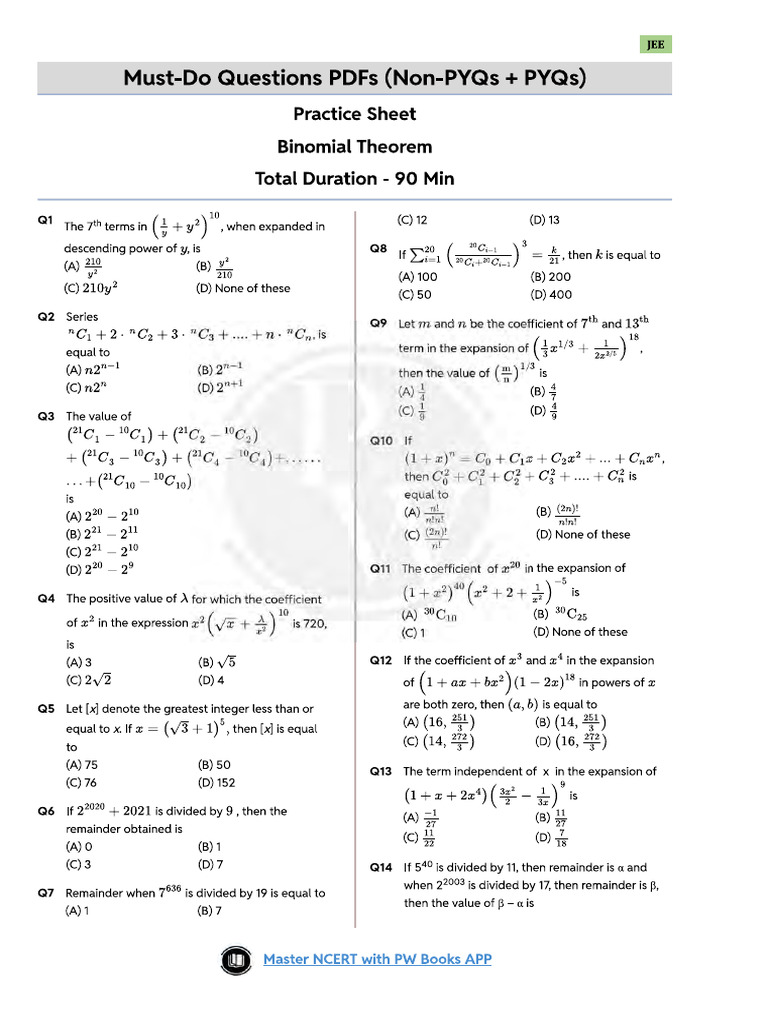 Binomial Theorem Must Do Questions Sheet | PDF