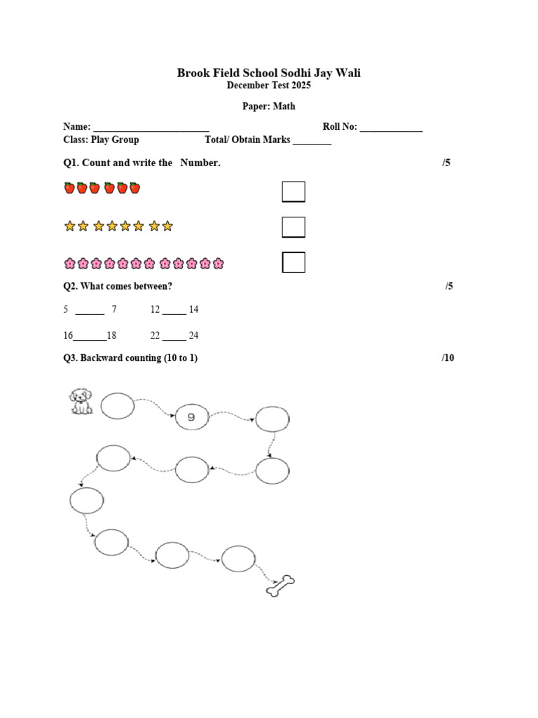 Math Test Paper for Play Group Students | PDF