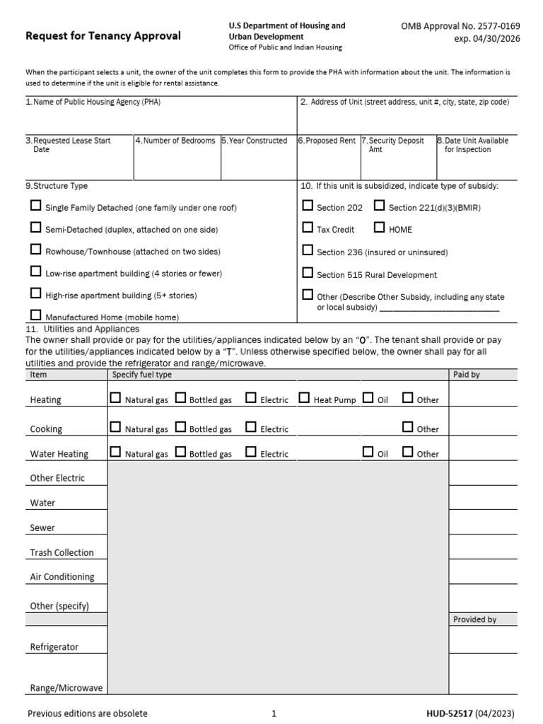 HUD Request for Tenancy Approval Form | PDF | Lease | Section 8 (Housing)