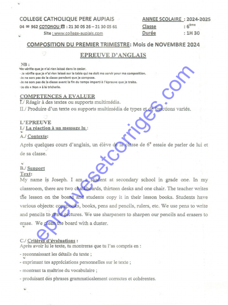 Cours De Langue Anglaise / Classe De Sixieme Et Premiere