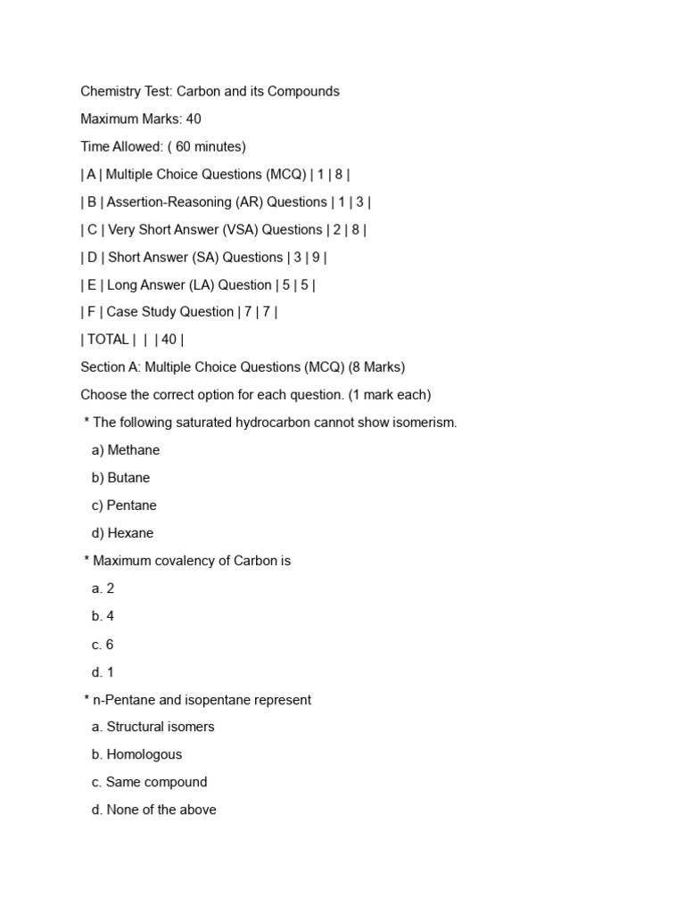 Chemistry Test on Carbon Compounds | PDF | Alkane | Chemical Reactions
