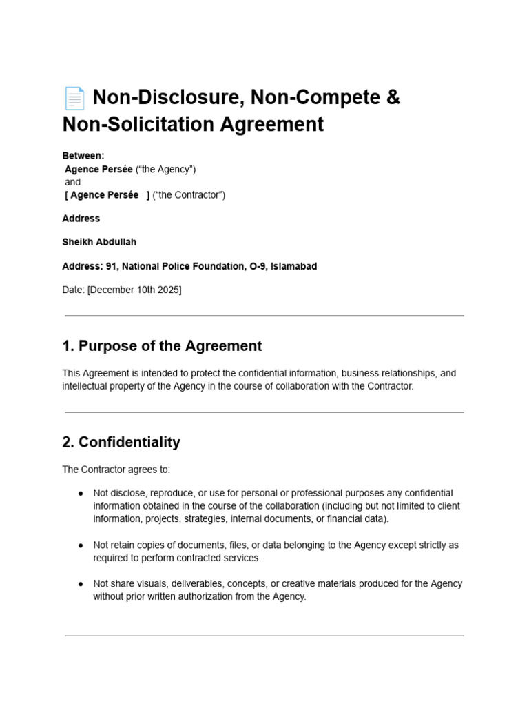 ? Non-Disclosure, Non-Compete & Non-Solicitation Agreement - Sheikh ...