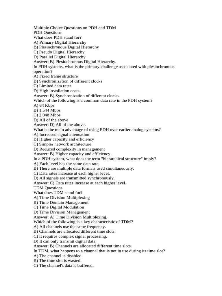 PDH and TDM Multiple Choice Questions | PDF | Wavelength Division ...